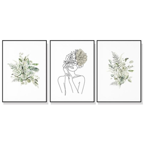 Wall Art 70cmx100cm Botanical Line Girl 3 Sets Black Frame Canvas