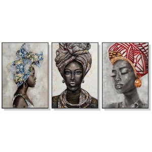 Wall Art 80cmx120cm African women II 3 Sets Black Frame Canvas
