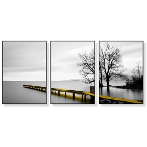 Wall Art 80cmx120cm Calm Lake Bridge Tree Scene 3 Sets Black Frame Canvas