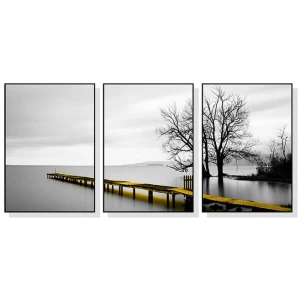 Wall Art 80cmx120cm Calm Lake Bridge Tree Scene 3 Sets Black Frame Canvas