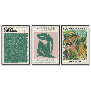 Wall Art 90cmx135cm Flower Market, Matisse Print, Yayoi Kusama 3 Sets Black Frame Canvas
