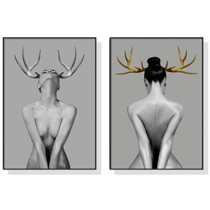Wall Art 90cmx135cm Girl With Gold Horn 2 Sets Black Frame Canvas