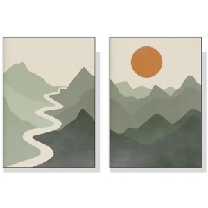 Wall Art 90cmx135cm Sage Green River Mountain 2 Sets White Frame Canvas