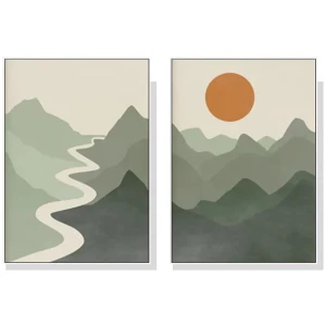 Wall Art 90cmx135cm Sage Green River Mountain 2 Sets White Frame Canvas