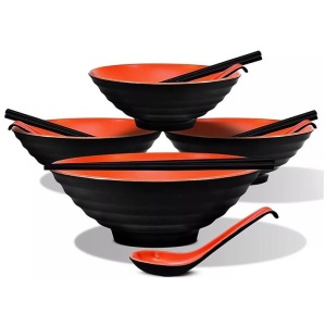 (12 Piece) Ramen Noodle Bowl with Spoon and Chopsticks Black Red