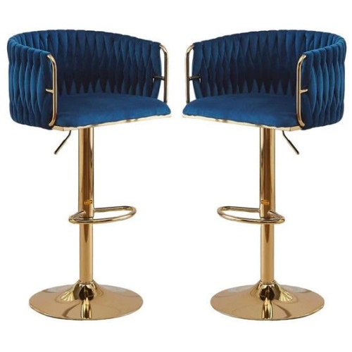2x Height Adjustable Blue Swivel Bar Stool Velvet Golden Round Base Barstools Chairs