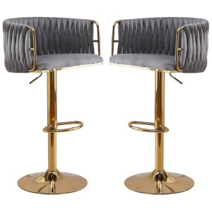 2x Height Adjustable Grey Swivel Bar Stool Velvet Golden Round Base Barstools Chairs