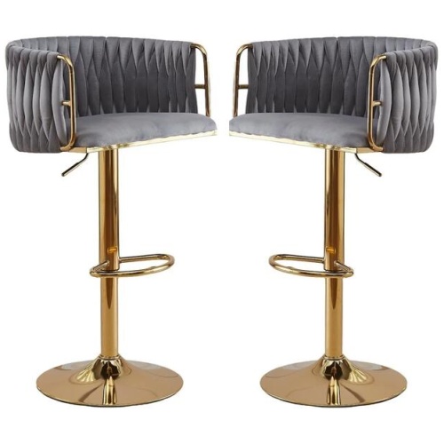 2x Height Adjustable Grey Swivel Bar Stool Velvet Golden Round Base Barstools Chairs
