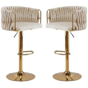 2x Height Adjustable Ivory Swivel Bar Stool Velvet Golden Round Base Barstools Chairs