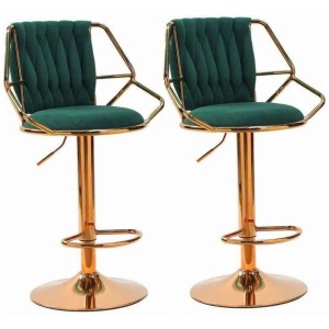 2x Height Velvet Padded Golden Round Base Barstools Chairs with Backrest and Footrest -GREEN