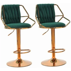 2x Height Velvet Padded Golden Round Base Barstools Chairs with Backrest and Footrest -GREEN