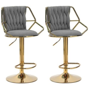 2x Height Velvet Padded Golden Round Base Barstools Chairs with Backrest and Footrest -GREY