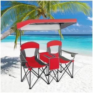 CostwayDouble Folding Camping Chair with Canopy and Armrests-Red