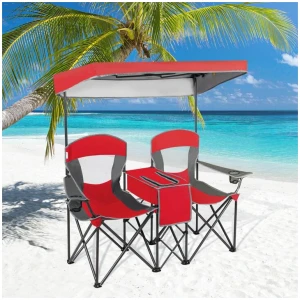 CostwayDouble Folding Camping Chair with Canopy and Armrests-Red