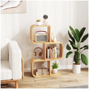 CostwayS-Shaped Bamboo Bookcase with 2 Open Cubes-Natural-3-Tier
