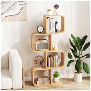 CostwayS-Shaped Bamboo Bookcase with 2 Open Cubes-Natural-4-Tier