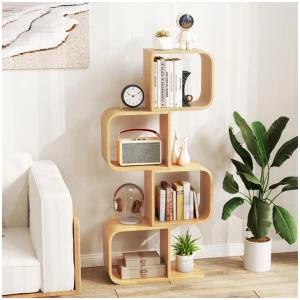CostwayS-Shaped Bamboo Bookcase with 2 Open Cubes-Natural-4-Tier