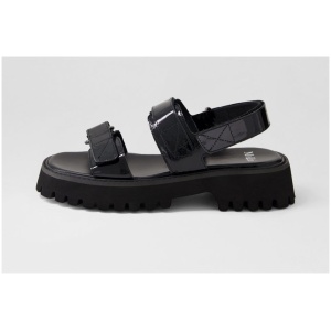 Mollini Start Mo Black Black Sole Patent Leather Black Black Sole Sandals Womens Shoes Casual Sandals Flat Sandals