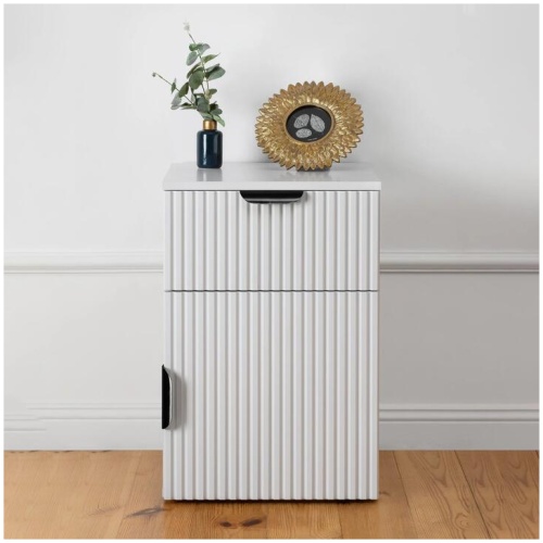 Porto Bedside Table - White - Fluted - Pull Black
