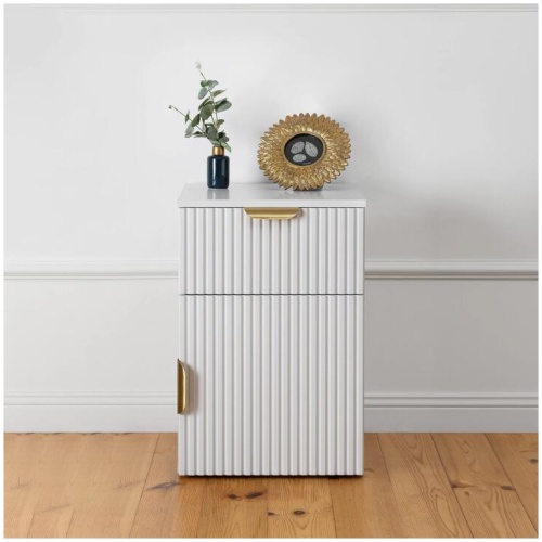 Porto Bedside Table - White - Fluted - Pull Brass