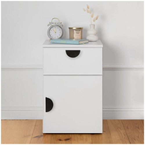 Porto Bedside Table - White - Slim - Half Moon Black