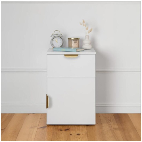 Porto Bedside Table - White - Slim - Pull Brass