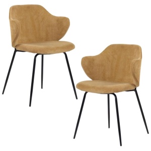 Set of 2 Dining Chairs Corduroy Cord Fabric with Metal Legs in Mustard Yellow