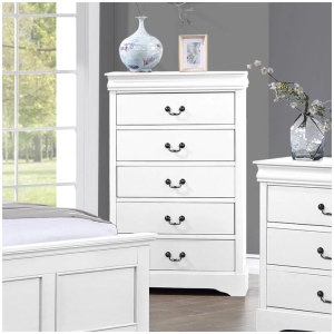 Tallboy with 5 Storage Drawers in Solid Wooden Metal Handles White Colour
