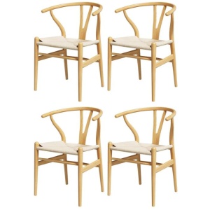 1 Set of 4 Artiss Dining Chairs Wooden Rattan Seat Wishbone Back