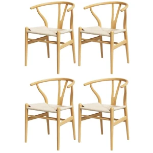 1 Set of 4 Artiss Dining Chairs Wooden Rattan Seat Wishbone Back