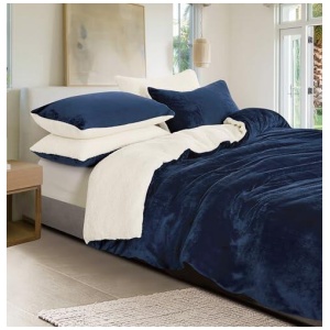 2-in-1 Teddy Sherpa Quilt Cover Set (Navy Blue, King)