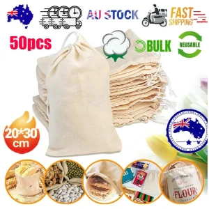 50Pcs 20X30cm Drawstring Storage Bags Calico Bags Linen Tote Gift Bag Bulk