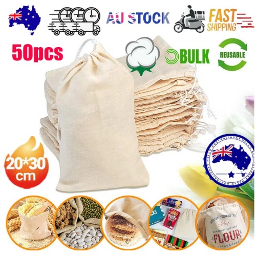 50Pcs 20X30cm Drawstring Storage Bags Calico Bags Linen Tote Gift Bag Bulk