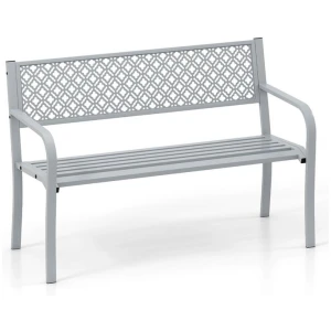 Costway127cm Outdoor Garden Bench Metal with Geometric Lattice Backrest-Grey