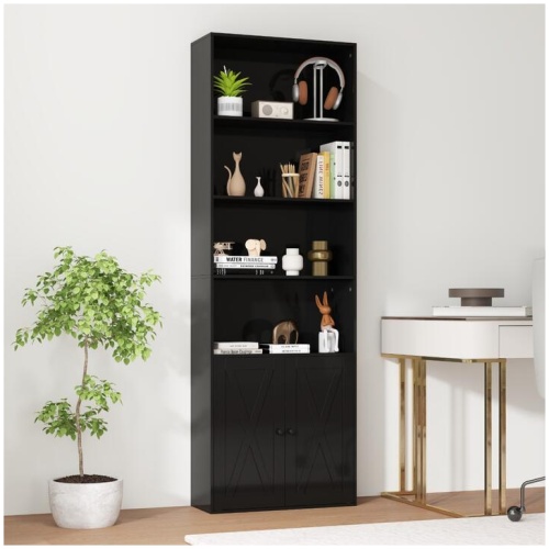 Costway180cm Freestanding Farmhouse Bookcase with Doors 6 Shelves-Black