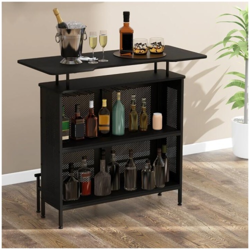 Costway4-Tier Home Bar Unit Home Bar Cabinet with 2 Wine Storage Shelves-Black
