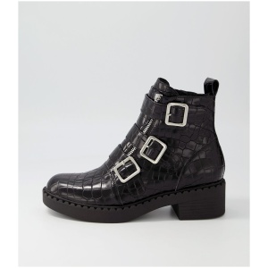 Django & Juliette Xantha Dj Black Shine Croc Leather Black Shine Boots Womens Shoes Casual Ankle Boots