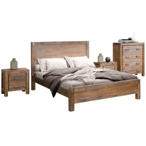 4 Pieces Bedroom Suite in Solid Wood Veneered Acacia Construction Timber Slat Queen Size Chocolate Colour Bed, Bedside Table & Tallboy