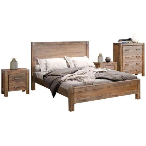 4 Pieces Bedroom Suite in Solid Wood Veneered Acacia Construction Timber Slat Queen Size Chocolate Colour Bed, Bedside Table & Tallboy