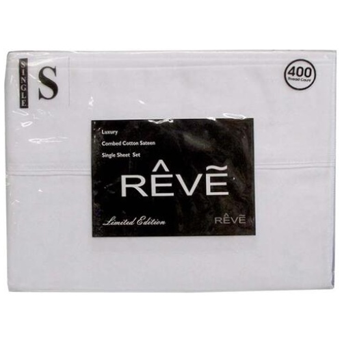 400TC Reve 100% Cotton Sateen Sheet Set White Single
