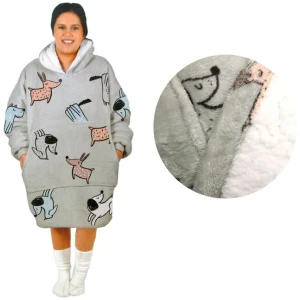 Adult Women Comfy Warm Blanket Hoodie with Sherpa Fleece Reverse Grey Dogs