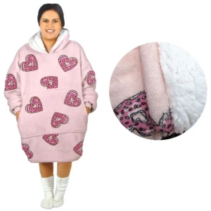 Adult Women Comfy Warm Blanket Hoodie with Sherpa Fleece Reverse Pink Hearts