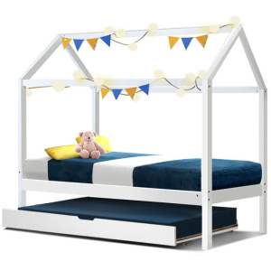 Artiss Bed Frame Wooden Trundle Daybed Kids House Frame White HOLY