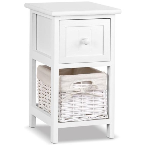 Artiss Bedside Table 1 Drawer with Basket Rustic White X2