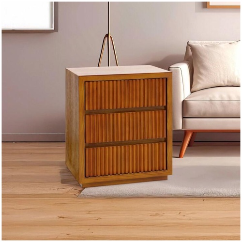 Bedside Table MDF Brown Colour Waveform Design Three Drawers