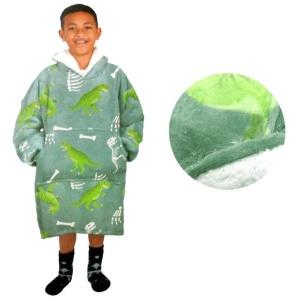 Blanket Hoodie with Sherpa Reverse Green Dinosaur