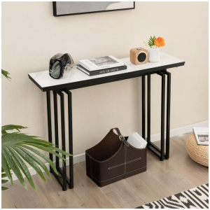 Costway110cm Faux Marble Console Table with Sturdy Metal Legs-Black
