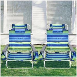 Costway2-Pack Folding Backpack 5-Position Beach Chair with Pillow for Outdoor Blue
