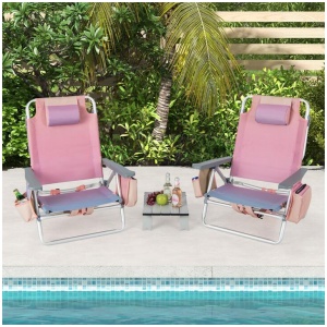 Costway2-Pack Folding Backpack Beach Chair 5-Position Outdoor Reclining Chairs with Pillow-M