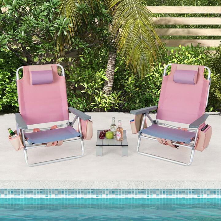 Costway2-Pack Folding Backpack Beach Chair 5-Position Outdoor Reclining Chairs with Pillow-M